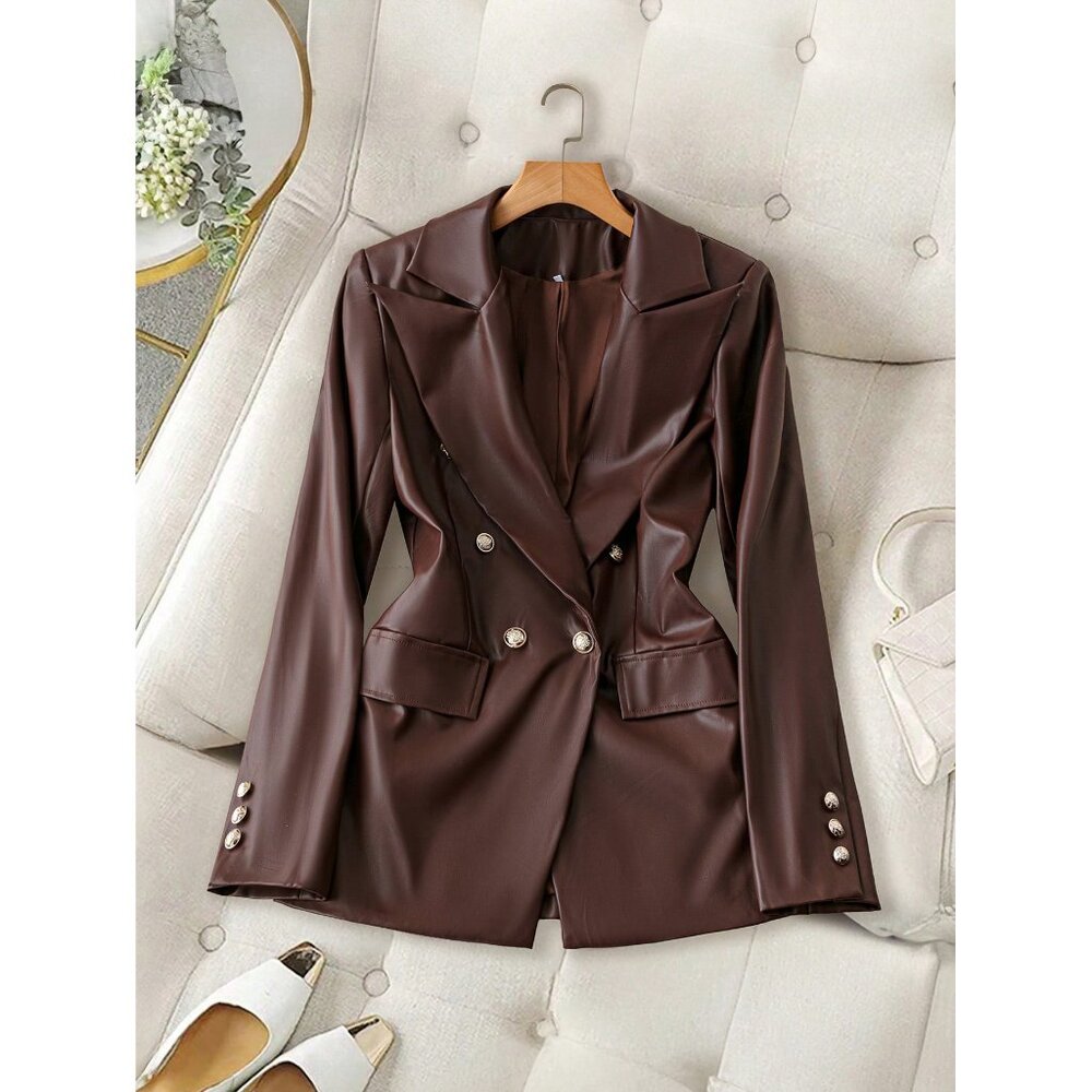 Vegan leather blazer jacket preppy gold button double breasted dark brown